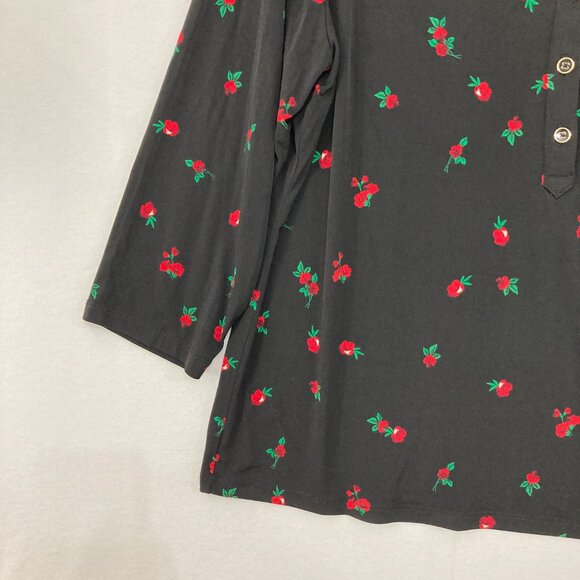 Charter Club size XL Black Red Floral Stretch Knit 3/4 Sleeve Popover Blouse - Picture 4 of 10